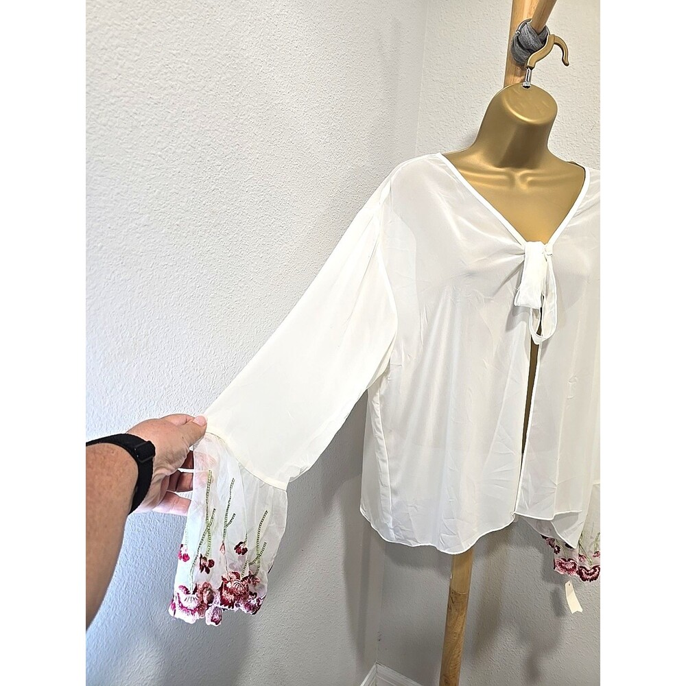 Delicates Floral Bell Sleeve Bed Jacket Size XL Cream Sheer Chiffon Cottage FLAW
